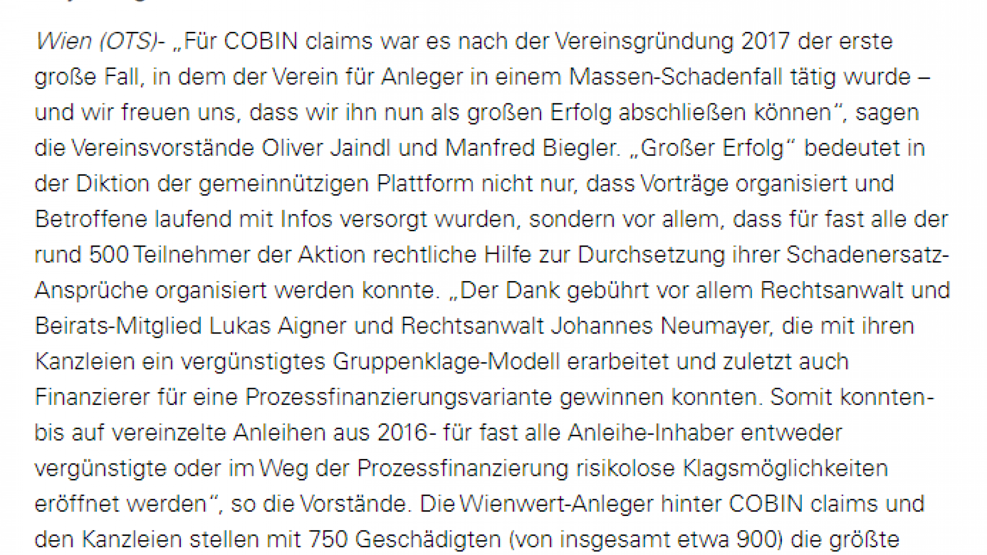 APA-OTS Presseaussendung (c) COBIN claims